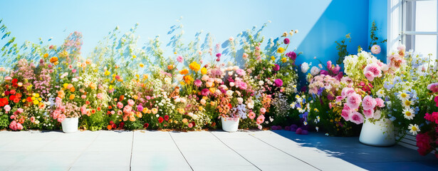 Beautiful various colorful garden with white wall.nature and environment background.for decoration design