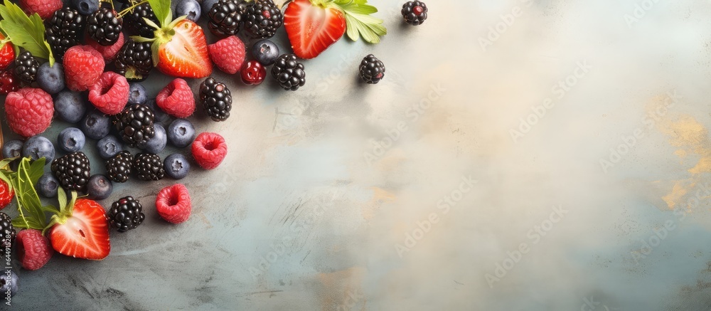 Poster delicious berries displayed on the table isolated pastel background copy space