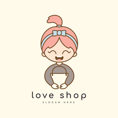 cute woman shop cartoon girl mascot happy smile market product logo design vector graphic illustration