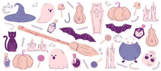 Set of Halloween graphic elements - pumpkins, ghosts, candles, potions, cat, candy and others. Hand drawn, vector illustration in pastel, pink colors
