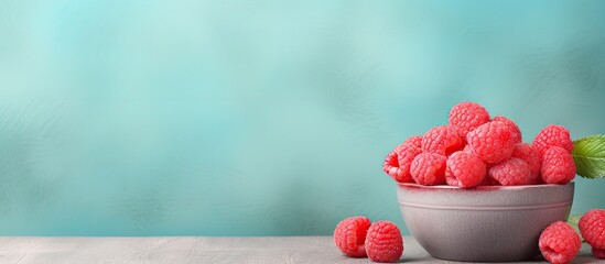 Cup containing freshly picked raspberries isolated pastel background Copy space