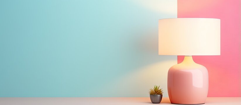 Contemporary table lamp featuring a small white lampshade isolated in isolated pastel background Copy space