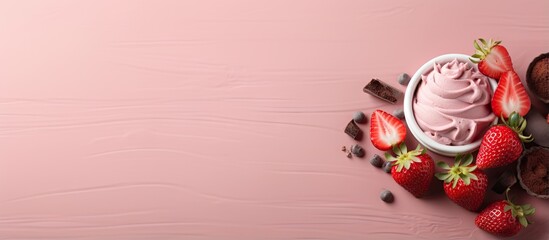 Chocolate drizzled on strawberry ice cream isolated pastel background Copy space