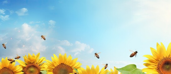 Bees flew around sunflowers on a sunny Saturday isolated pastel background Copy space