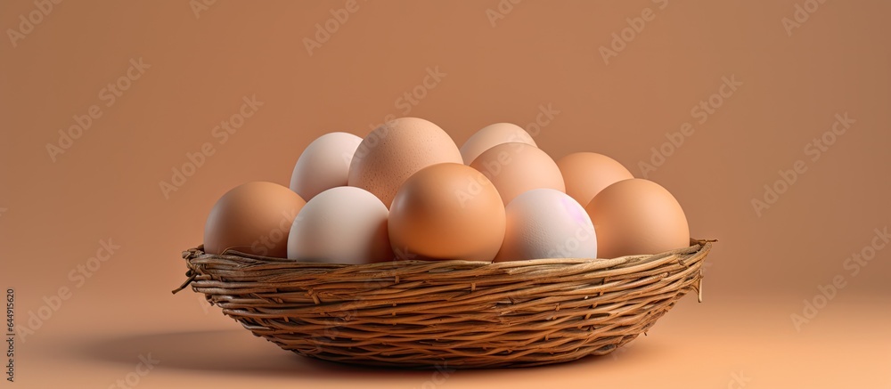 Aufkleber chicken eggs are placed in a bamboo container on isolated pastel background copy space