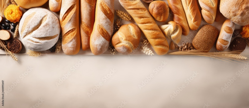 Poster assorted bread types placed on a tablecloth top view relevant to bakery and pastry isolated pastel b