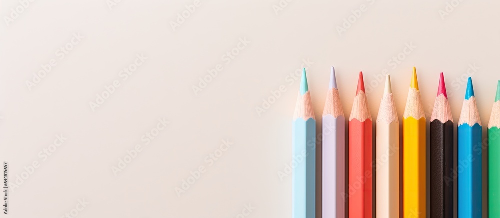 Poster close up image of colored pencils on a isolated pastel background copy space