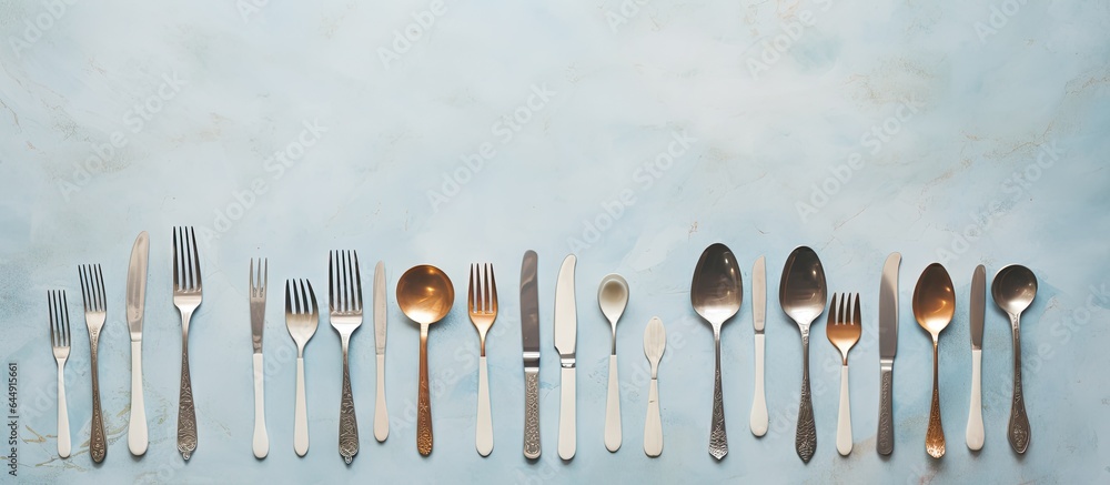 Poster arranged utensils on table isolated pastel background copy space