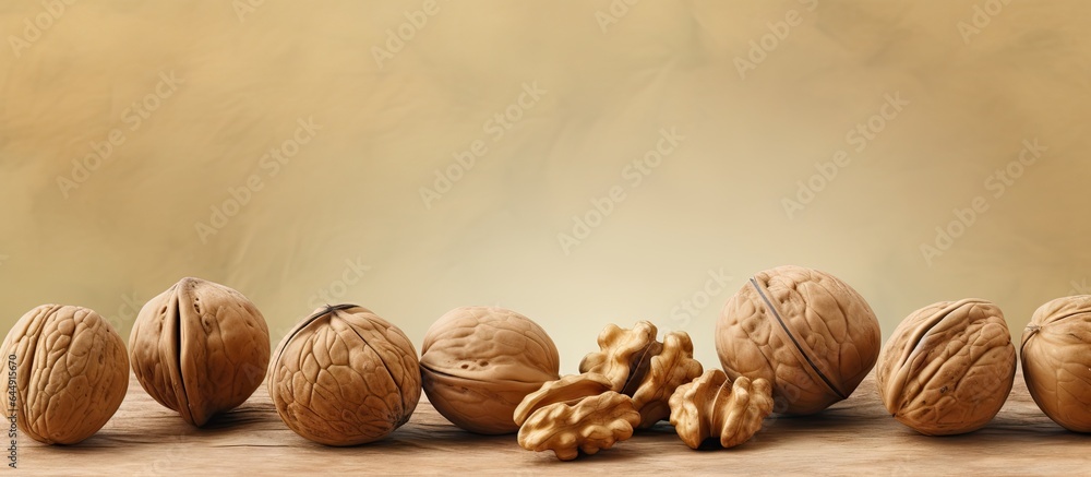 Poster Various walnuts including empty shells are set against a isolated pastel background Copy space
