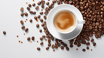 Obraz premium Tempting cup of steaming coffee served with lots of roasted coffee beans scattered on the table