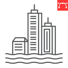 City flood line icon, climate change and ecology, water disaster vector icon, vector graphics, editable stroke outline sign, eps 10.