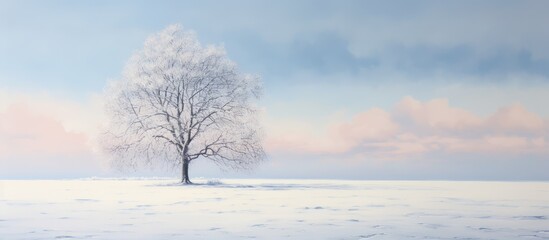 Fototapeta na wymiar A tree without leaves casting a shadow over a snowy expanse isolated pastel background Copy space