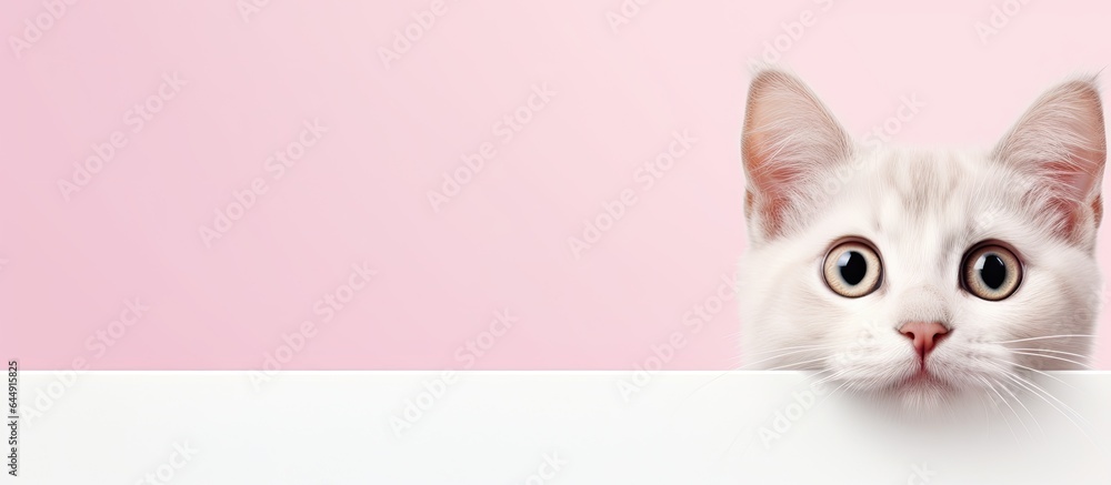 Poster White cat with surprise expression alone on isolated pastel background Copy space en background Portrait