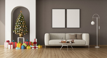 White and brown living room with Christmas tree in a niche