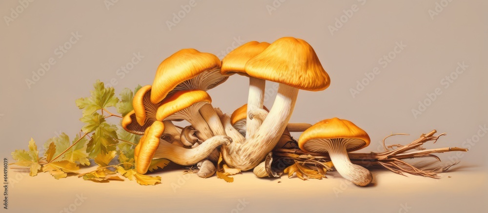 Aufkleber the fungus known as cantharellus cibarius grows on isolated pastel background copy space and is comm
