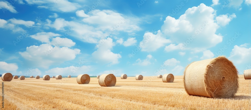 Poster hay stacks on the farm isolated pastel background Copy space