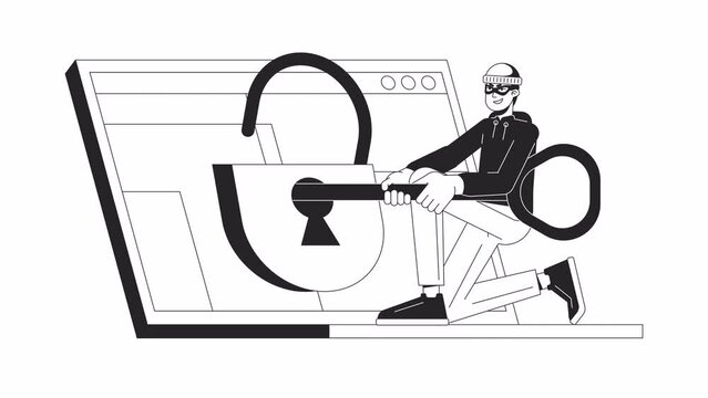 Malicious hacker laptop bw outline 2D animation. Cyber criminal unlocking lock 4K video motion graphic. Stealing sensitive data monochrome linear animated cartoon flat concept, white background