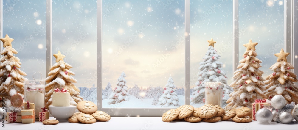 Aufkleber Cookies on desk and window with Christmas tree backdrop isolated pastel background Copy space