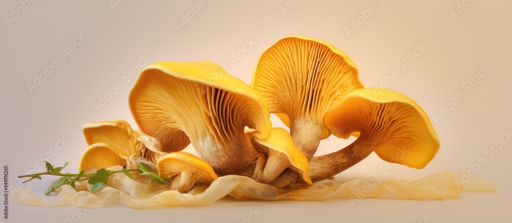 Aufkleber the fungus known as cantharellus cibarius grows on isolated pastel background copy space and is comm
