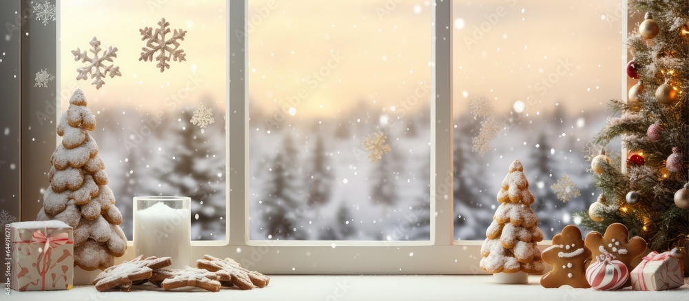 Aufkleber cookies on desk and window with christmas tree backdrop isolated pastel background copy space