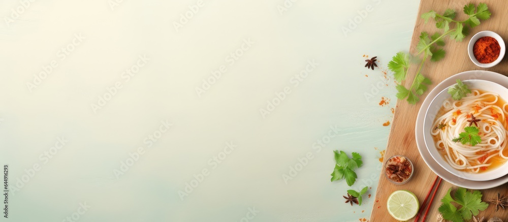 Poster vietnamese rice noodle soup pho displayed on a isolated pastel background copy space top view
