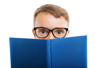 a a child reads a book against a png backgrounds