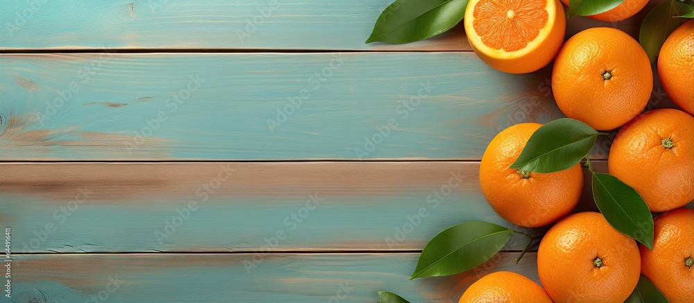 Poster fresh mandarins on a table suitable for juice rich in nutrients isolated pastel background copy spac