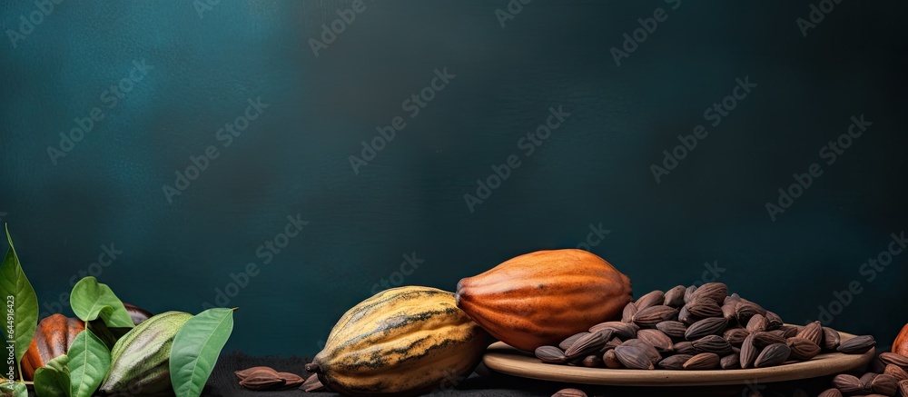 Poster Minimal and dark lighting used to create a creative flat lay food concept featuring a soft and selective focus on cocoa pods on a table isolated pastel background Copy space