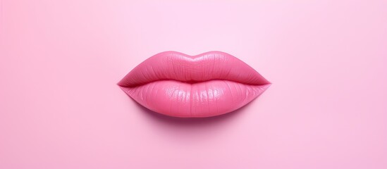 Pink lipstick being applied to womens lips on a isolated pastel background Copy space showcasing...