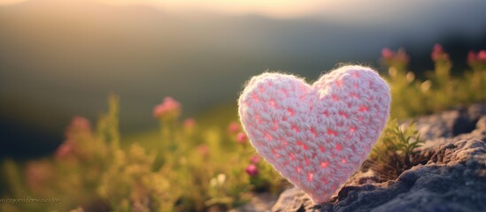 Fototapeta premium Selectively focused crochet heart against a isolated pastel background Copy space