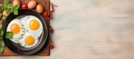 Fried eggs in cast iron frying pan Healthful homemade breakfast on table Traditional international cuisine Top view isolated pastel background Copy space