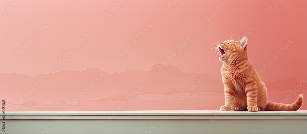 Poster a shouting cat on a bench colored red isolated pastel background copy space