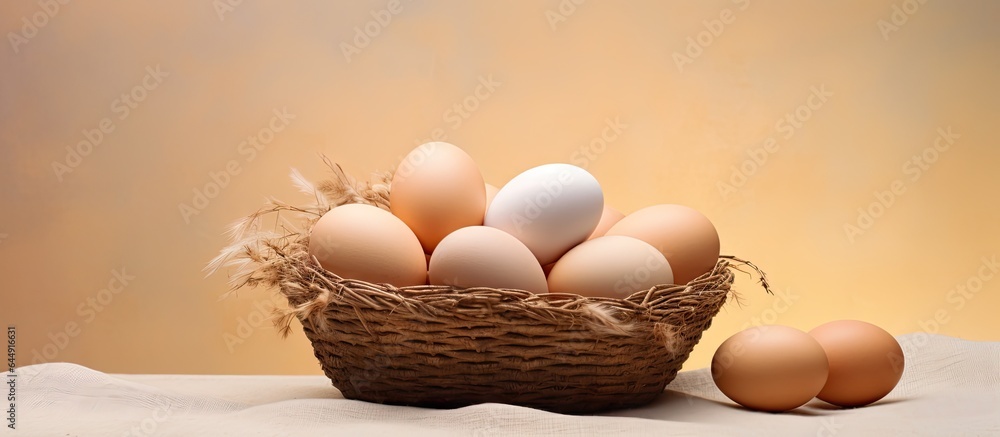 Poster chicken eggs are placed in a bamboo container on isolated pastel background copy space