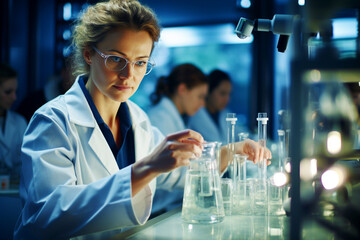 Portrait of a female chemist in glasses working in a modern laboratory with test tubes
