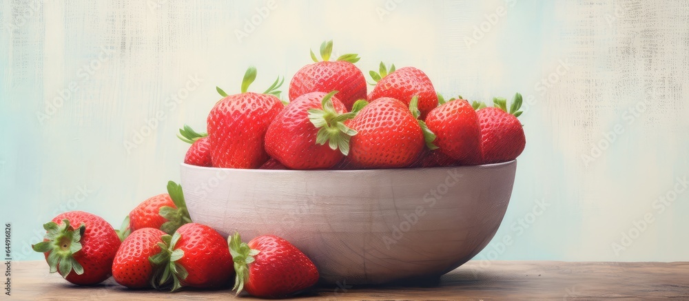 Aufkleber strawberries kept cold in wooden container isolated pastel background copy space