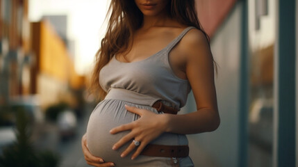 Woman wearing a dress holding her pregnant belly in the city - obrazy, fototapety, plakaty