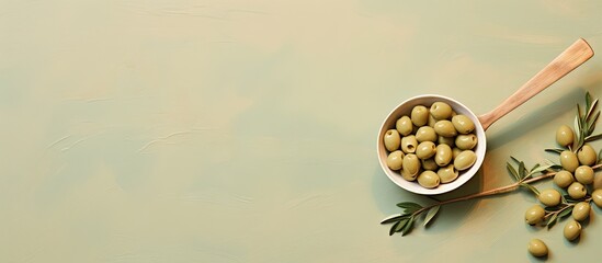 Olives in a bowl with spoon on a isolated pastel background Copy space