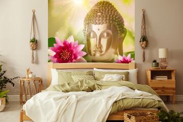 Boho bedroom. Interior with comfortable bed and beautiful wallpapers