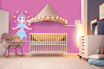 Baby room interior with crib and other furniture. Pink wallpapers with princess