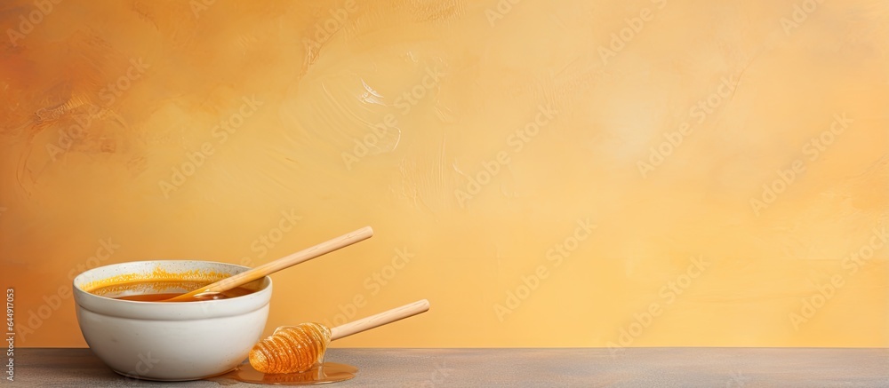 Poster honey in a clay pot a wooden spoon with honey honey in a clay pot a spoon with honey isolated pastel