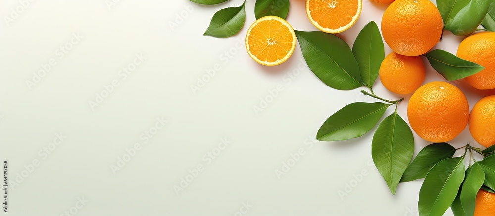Poster Mandarin or tangerine slices with leaves on isolated pastel background Copy space Flat lay top view Fruit arrangement