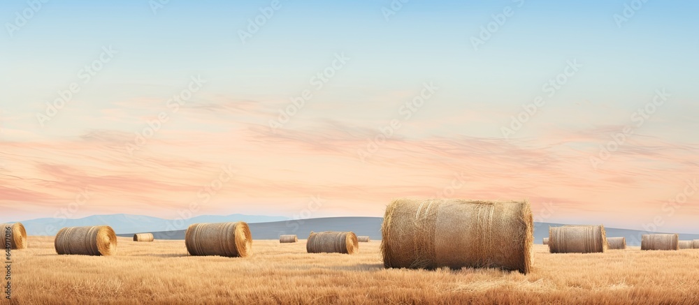 Poster gorgeous hay stack in the meadow isolated pastel background copy space