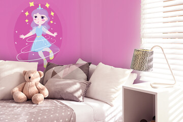 Kid's room interior with comfortable bed near window. Pink wallpapers with princess