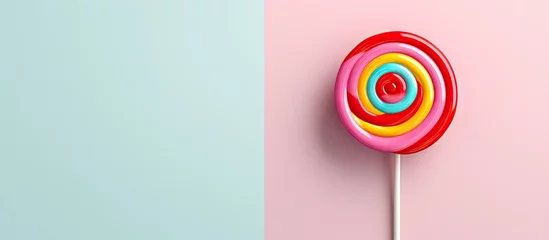 Zelfklevend Fotobehang Character with candy aiming black pointer stick isolated pastel background Copy space © HN Works