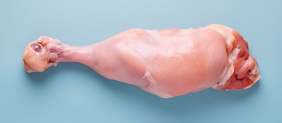Fototapeta premium Fresh raw chicken leg with skin on isolated pastel background Copy space