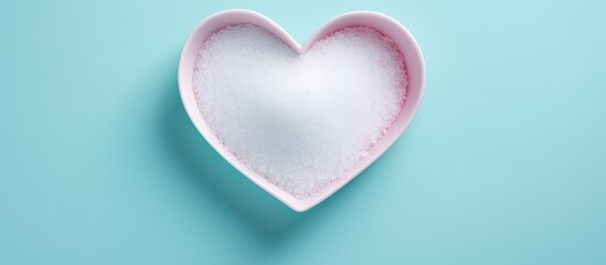 Obraz premium Heart shaped plate with sea salt viewed from above on a isolated pastel background Copy space with clipping path