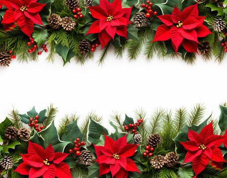 Christmas New Years banner frame from upper and bottom border from red poinsettia flowers green fir tree branches holly berry twigs pine cones on white background. Template with copy space