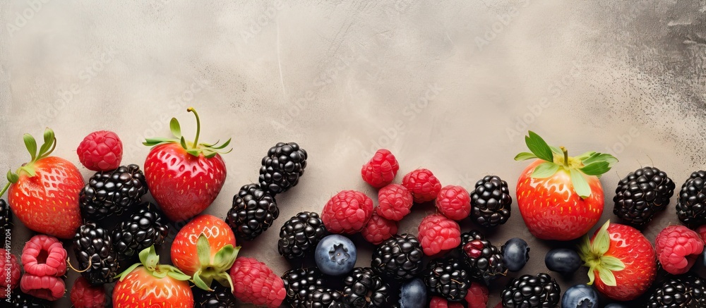 Poster delicious berries displayed on the table isolated pastel background copy space
