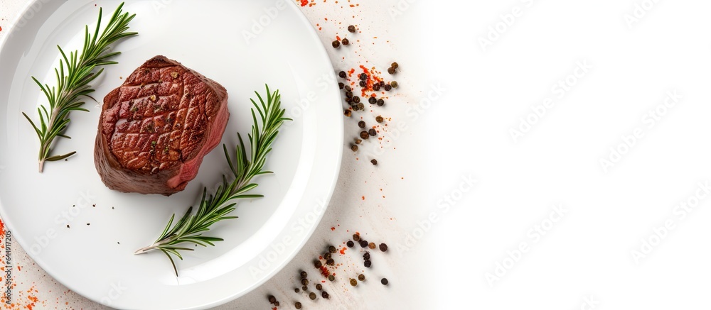 Poster peppered filet mignon isolated pastel background copy space plate