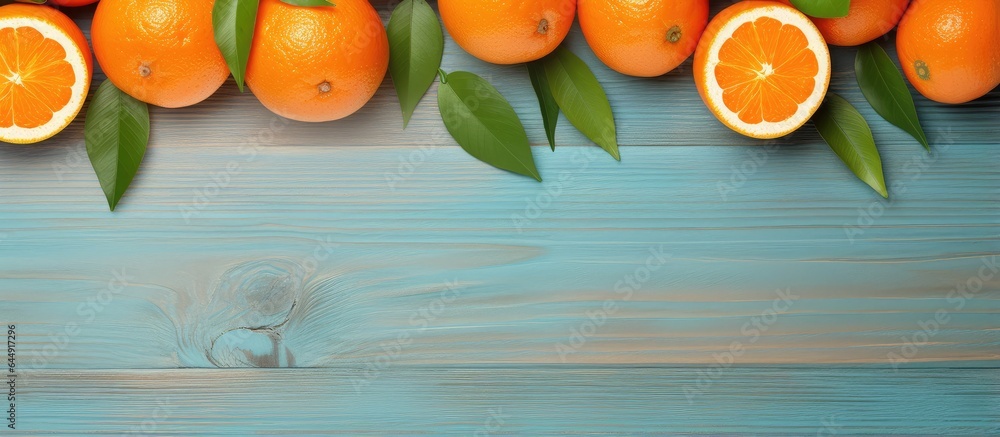 Poster fresh mandarins on a table suitable for juice rich in nutrients isolated pastel background copy spac